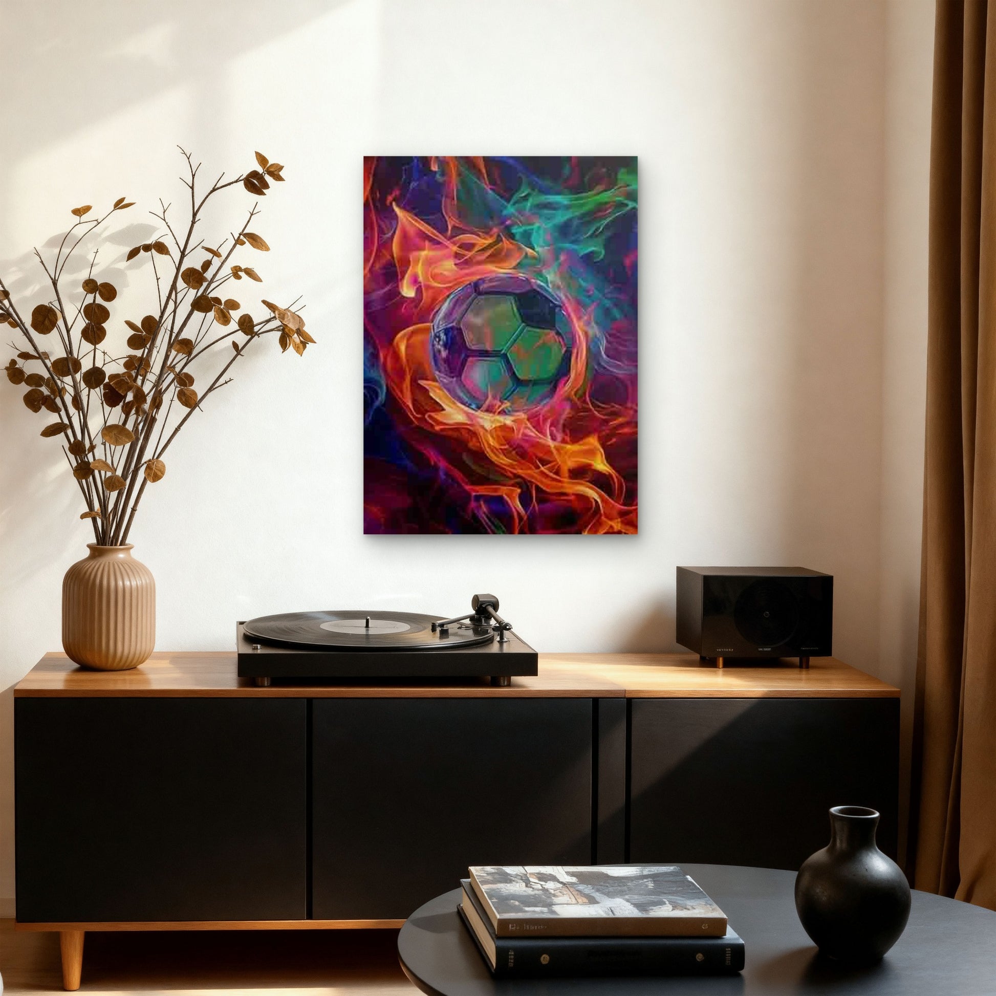 Soccer Ball - Modern Flaming Soccer 60x90cm Metal Print Ready to Hang - Bella Home Decor