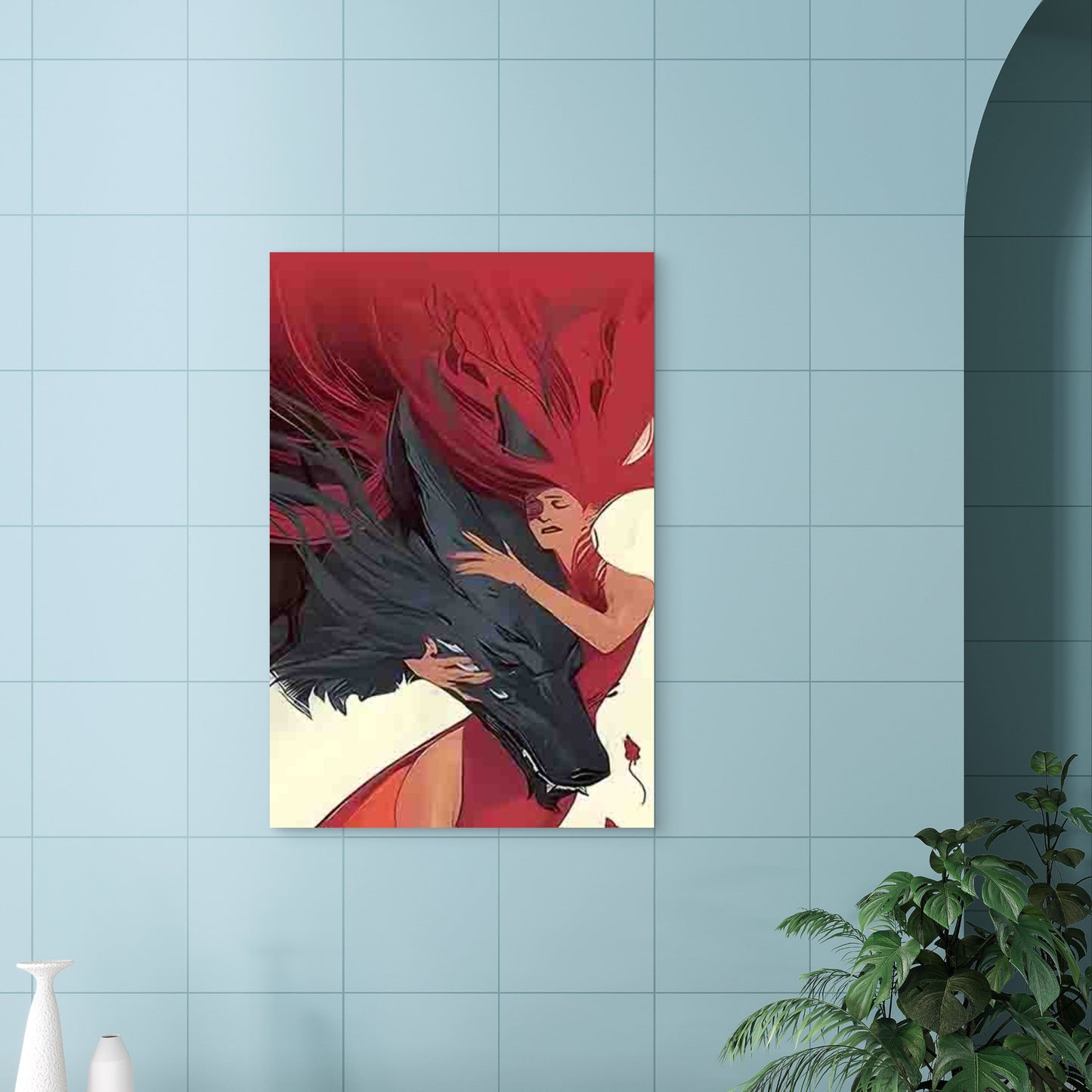 Red-Clothed Woman Embracing a Black Wolf 60x90cm Metal Print Ready to Hang - Bella Home Decor