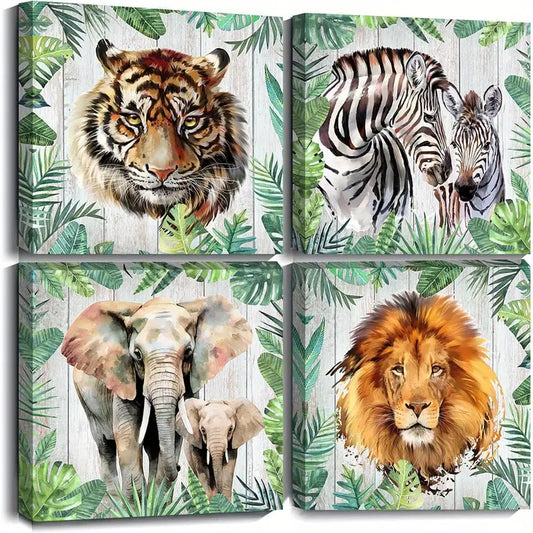 4pcs Byllyaz Wild Animals Wall Art Canvas Framed