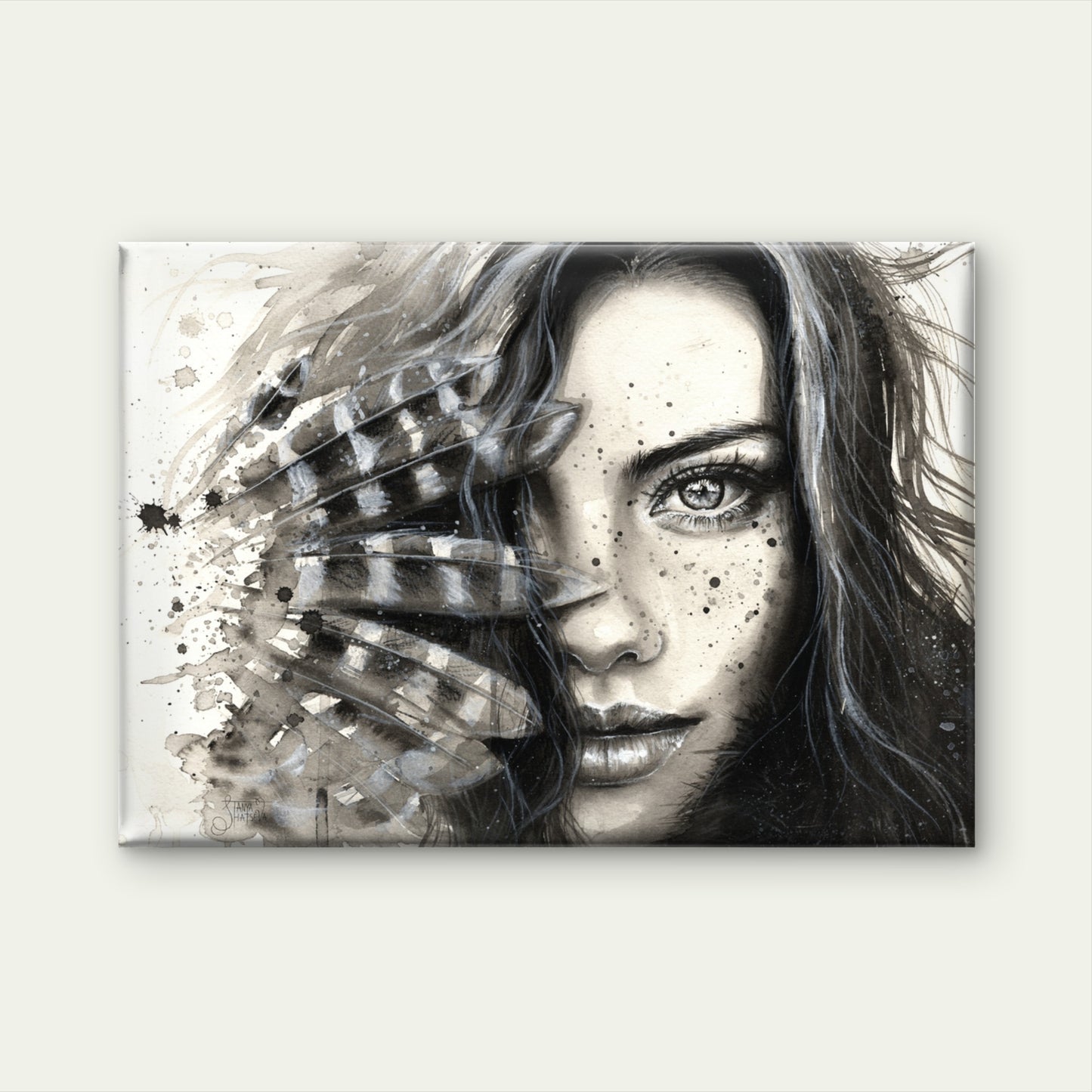 Girl Face Portrait with Feathers Black & White Print 100% Australian Made