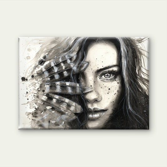 Girl Face Portrait with Feathers Black & White Print 100% Australian Made