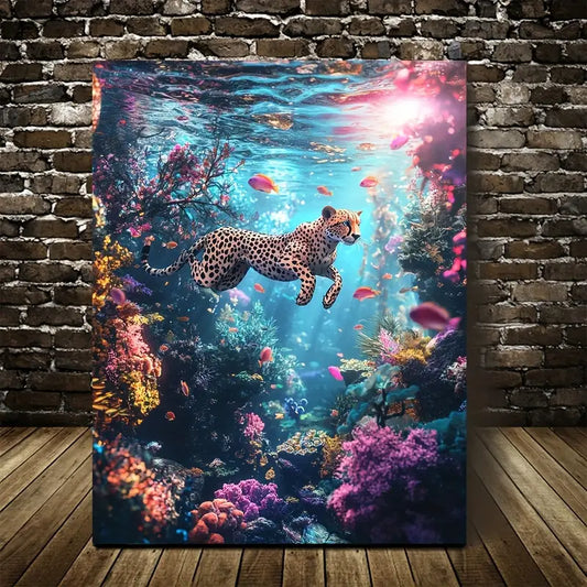 Surreal Cheetah Swimming in Coral Reef Underwater 40x60cm Metal Print Ready to Hang - Bella Home Decor