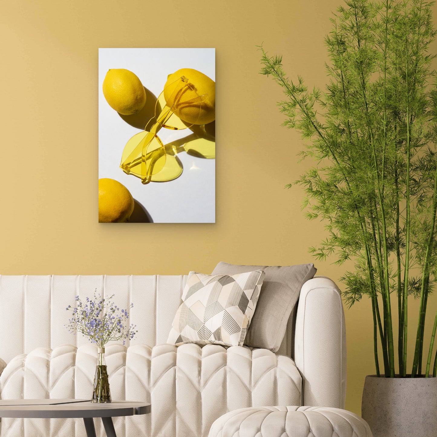 Yellow Rimless Heart-Shaped Sunglasses 40x60cm Metal Print Ready to Hang