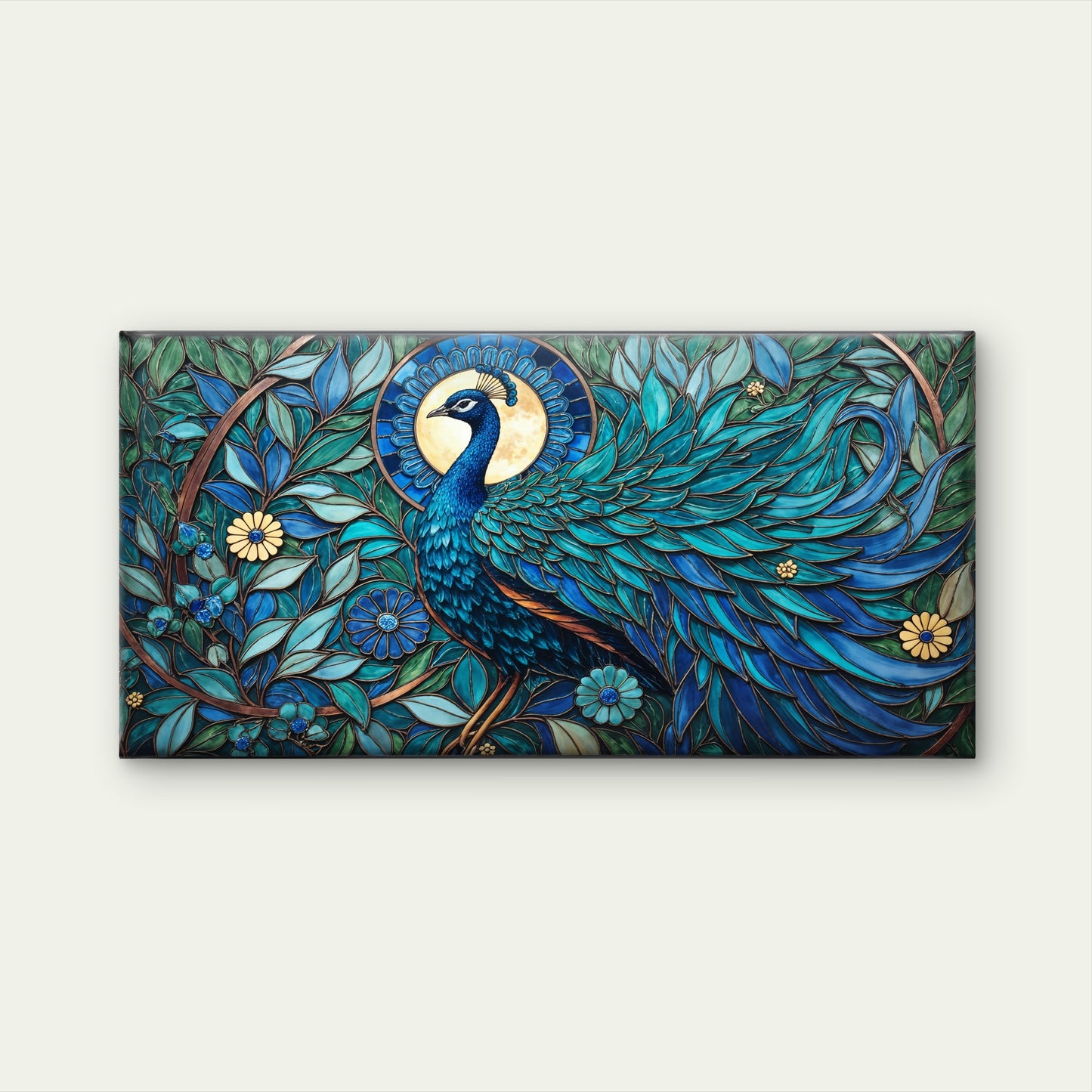 Majestic Peacock Stained Glass Wall Art Canvas Office Home Room Framed 120x60cm