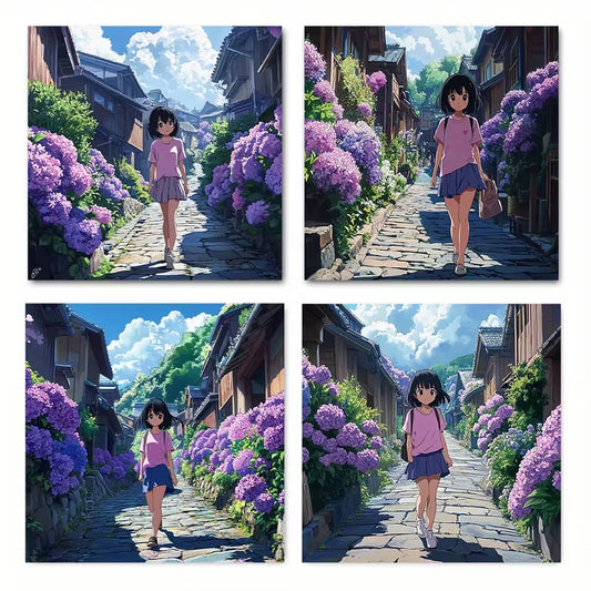 4pcs Girl Pattern Aesthetic Moust  Wall Art Canvas Framed