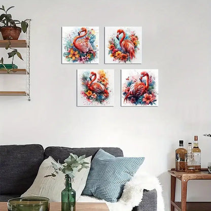 4pcs Flamingo Wall Decor Animal Pictures Floral Pink Wall Art Canvas Framed