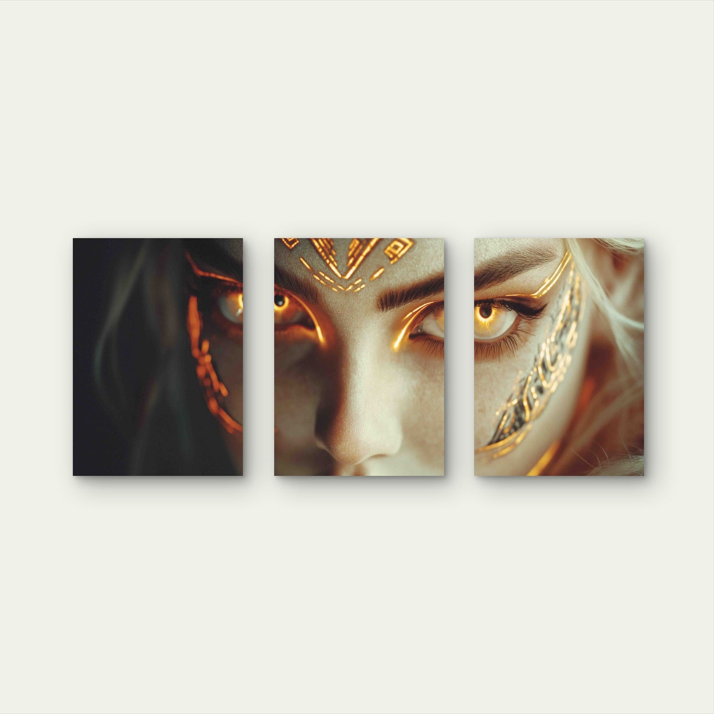 3pcs Mystical Fantasy Goddess Glowing Golden Eyes Metal Print Ready to Hang Art