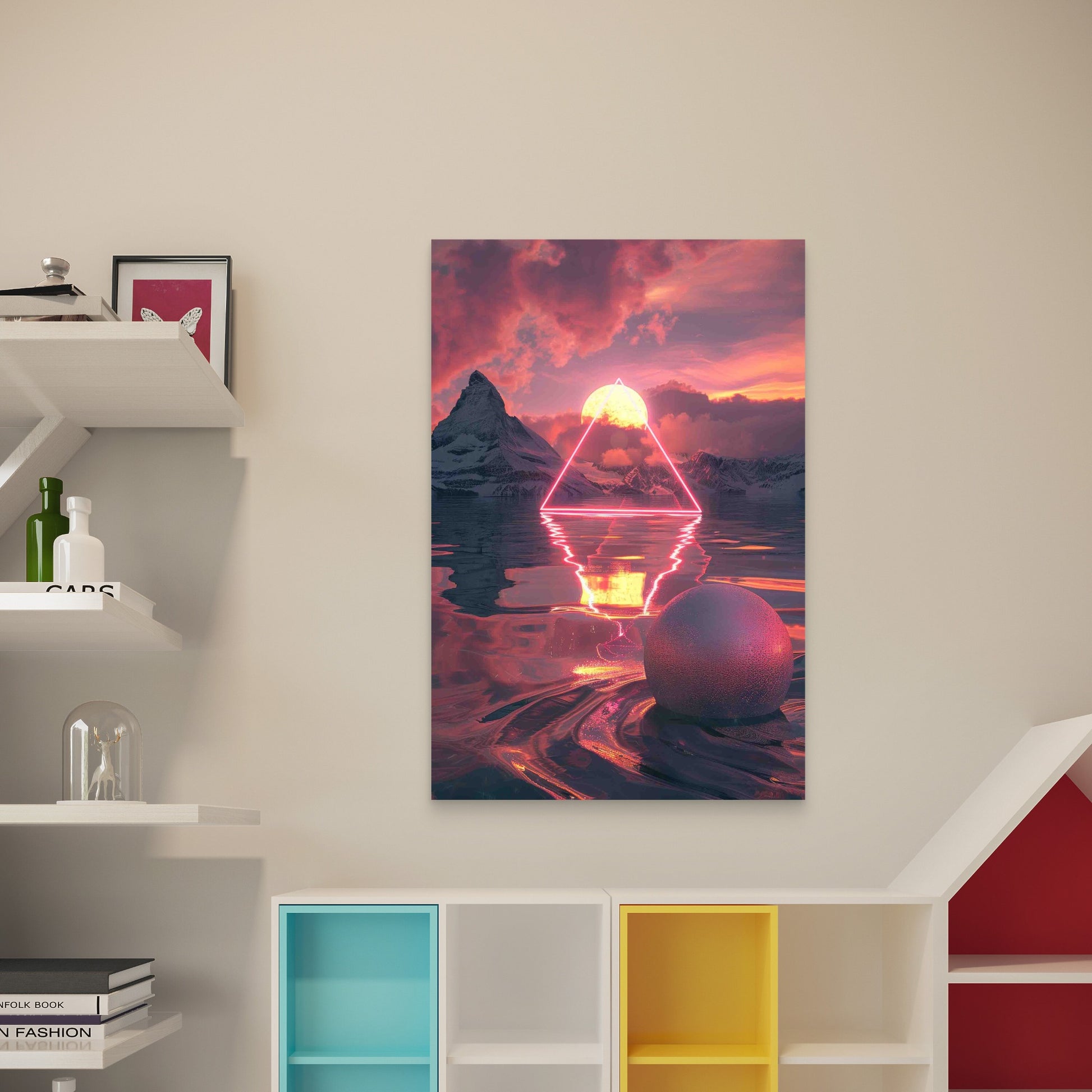 Dreamlike Landscape Neon Triangle Reflective Ball 60x90cm Metal Print Ready to Hang - Bella Home Decor