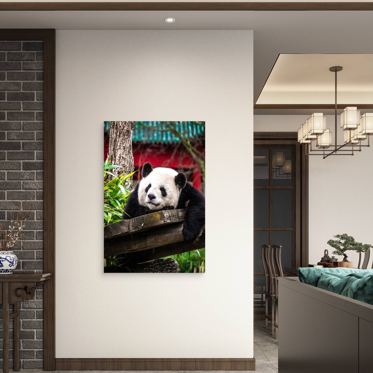 Panda Bear Resting On A Wooden Structure 40x60cm Metal Print Ready to Hang