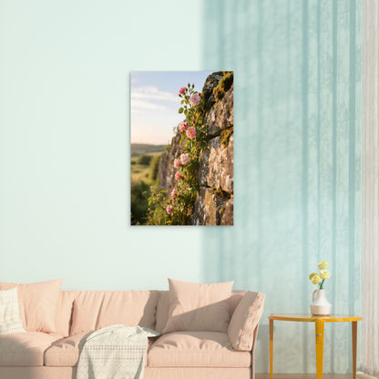 Pink Roses Climbing Stone Wall With Landscape View 40x60cm Metal Print Ready to Hang