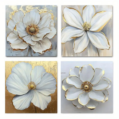 4pcs Floral Golden Grey Flower Picture Wall Art Canvas Framed