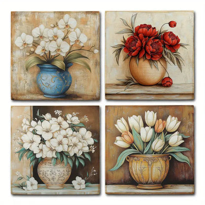 4pcs Flower Vase With Red And White Flowers Wall Art Canvas Framed