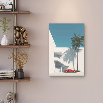 Red Car & Palm Tree 60x90cm Metal Print Ready to Hang