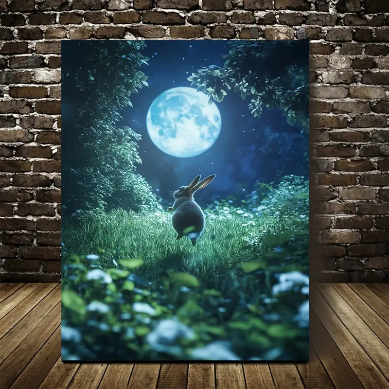 Joyful Bunny Jumping Under Soft Moonlight 40x60cm Metal Print Ready to Hang - Bella Home Decor