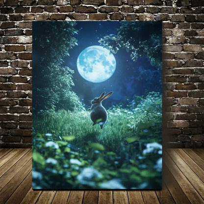 Joyful Bunny Jumping Under Soft Moonlight 40x60cm Metal Print Ready to Hang - Bella Home Decor
