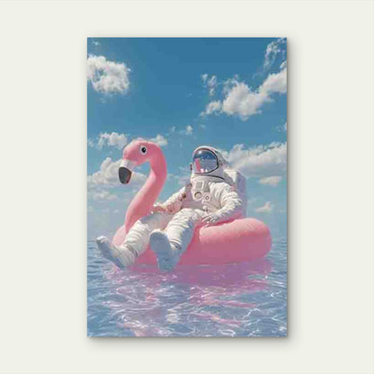 Astronaut & Flamingo Floating in Space 60x90cm Metal Print Ready to Hang