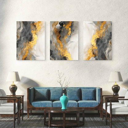 3pcs Elegant Grey Metallic Gold Wave Pattern  Wall Art Set Canvas Framed 60x90cm - High Quality Print 100% Australian Made Wall Canvas Ready to Hang