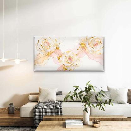 Elegant White Gold Roses Watercolor Blush Pink Wall Art Canvas Office Home Room Framed 120x60cm