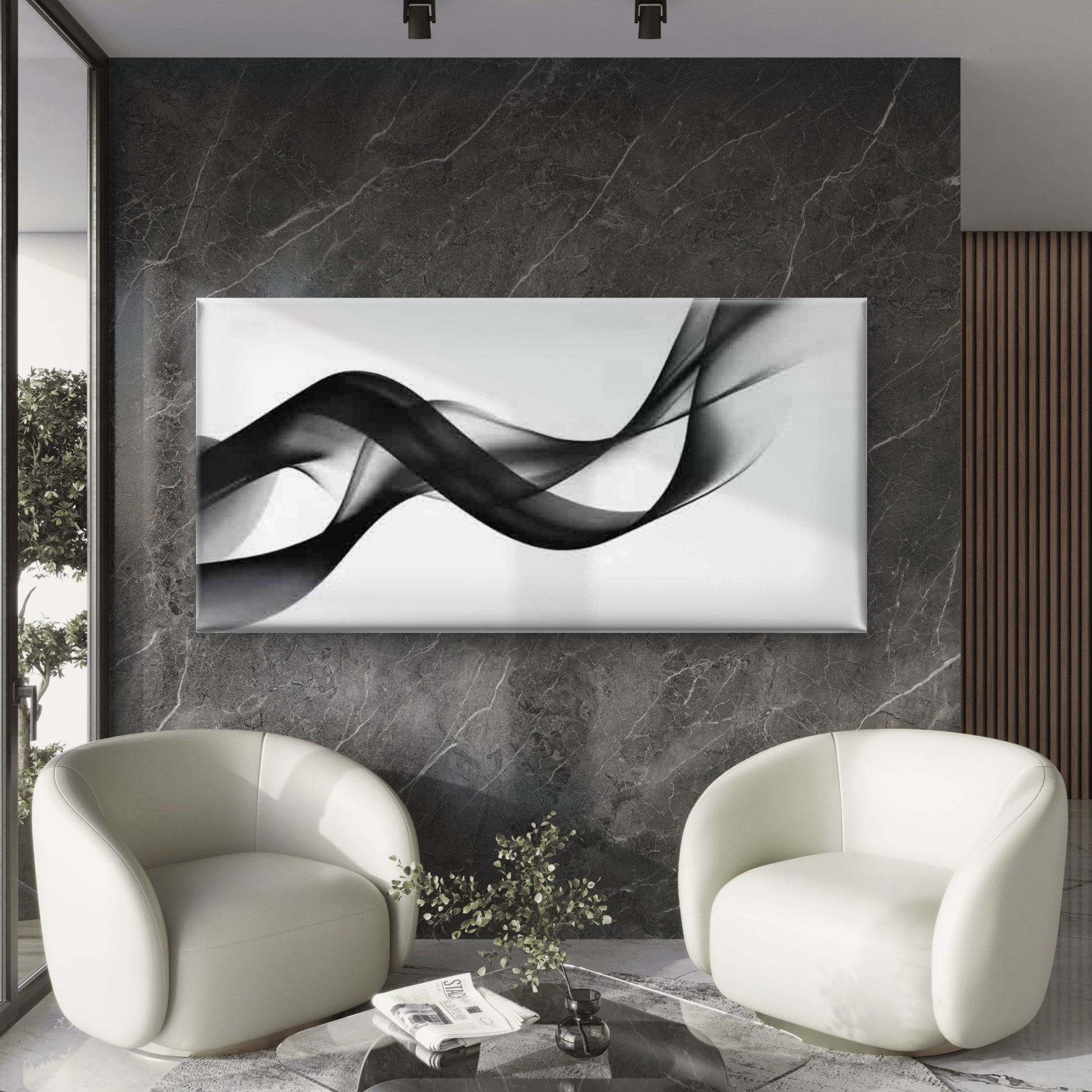 Black & White Abstract Wave Wall Art Canvas Office Home Room Framed 120x60cm - Bella Home Decor
