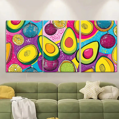 3pcs Vibrant Disco Ball Avocado Funky Fruit Wall Art Set Canvas Framed 50x70cm - High Quality Print 100% Australian Made Wall Canvas Ready to Hang