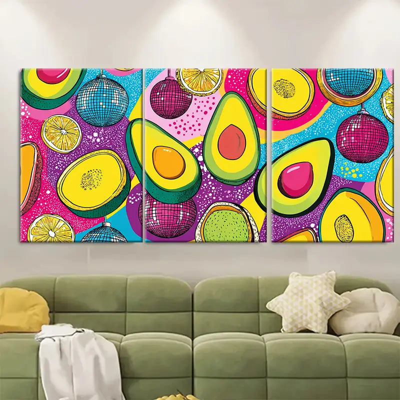 3pcs Vibrant Disco Ball Avocado Funky Fruit Wall Art Set Canvas Framed 60x90cm - High Quality Print 100% Australian Made Wall Canvas Ready to Hang