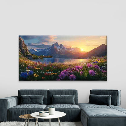 Sunset Mountain Lake Wall Art Canvas Office Home Room Framed 120x60cm