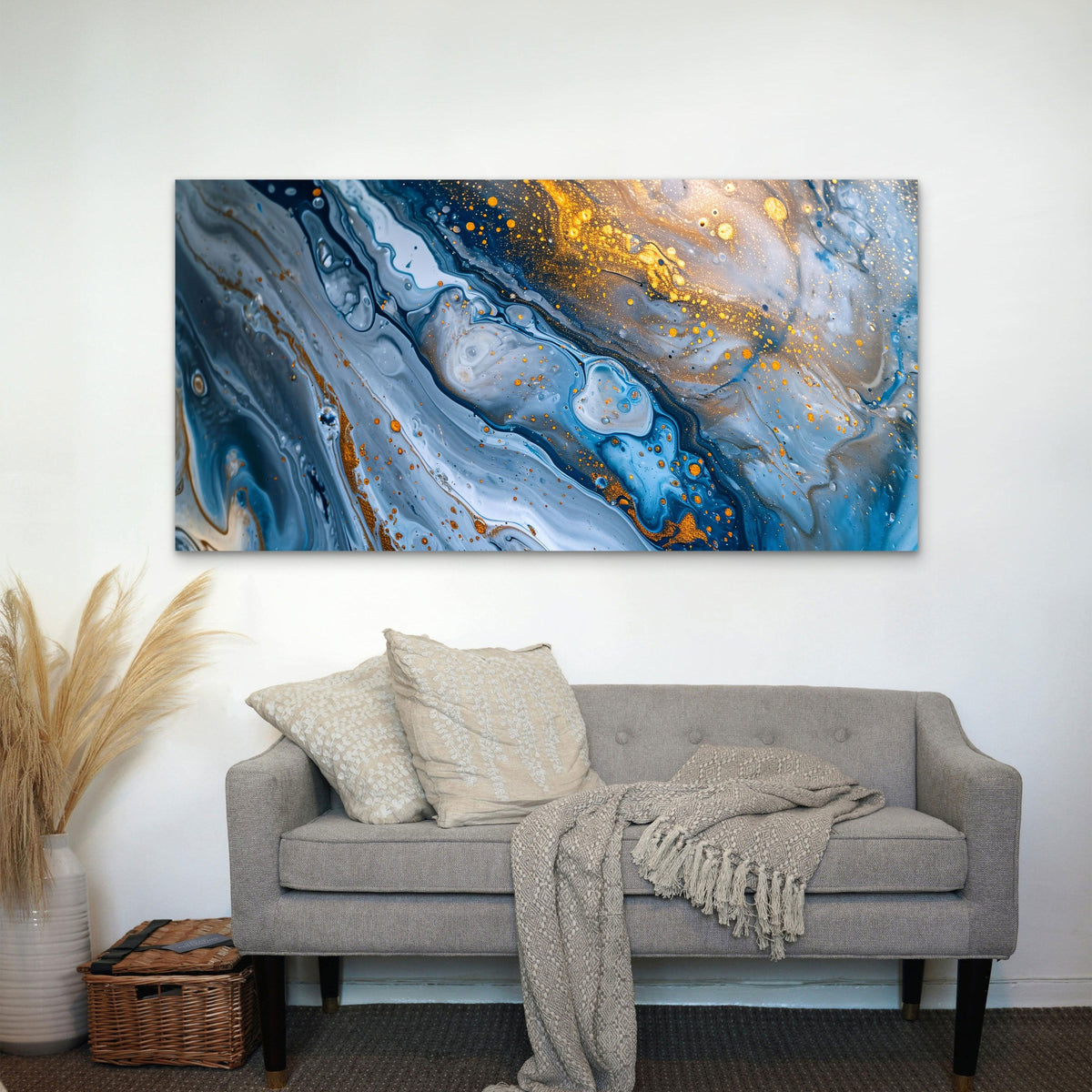 Golden Ocean Blue Swirls Wall Art Canvas Office Home Room Framed 120x60cm