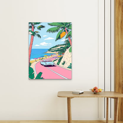 Turquoise Ocean & Pink Road Metal Print Ready to Hang