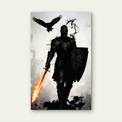 Medieval Knight with Fire Sword & Shield 60x90cm Metal Print Ready to Hang