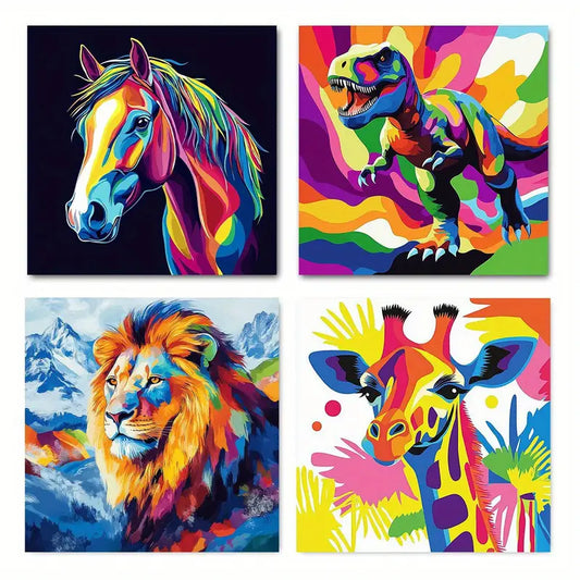 4pcs Horses, Dinosaurs, Lions, Giraffes Wall Art Canvas Framed