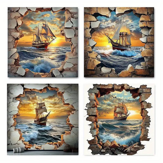 4pcs Galleon Sea Wall Elegant Wall Art Canvas Framed