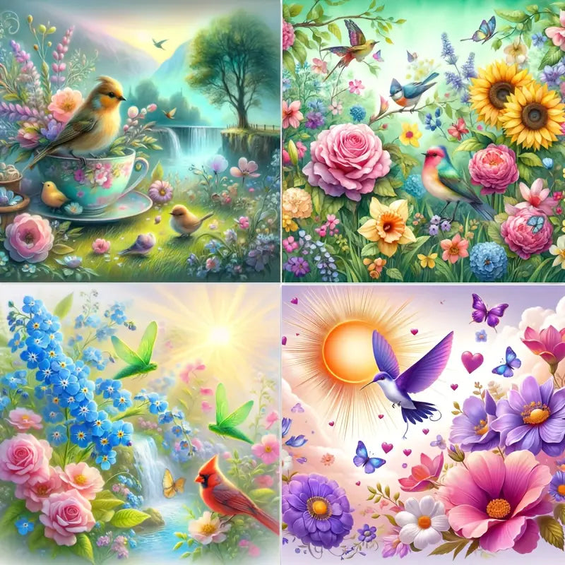 4pcs  Adult Beginner Bird Flower Wall Art Canvas Framed