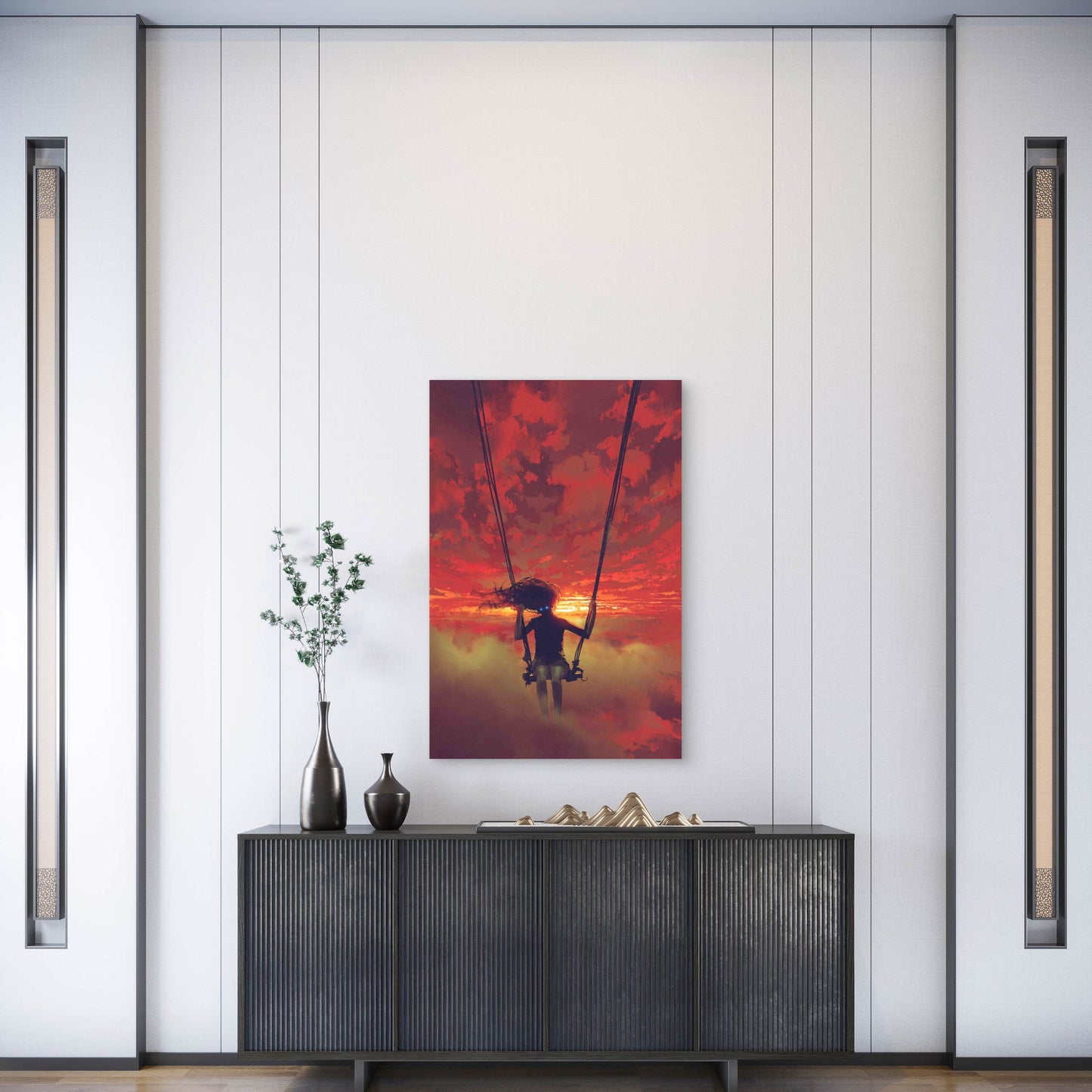 Mysterious Woman Sitting on the Swing in the Sky Metal Print Ready to Hang