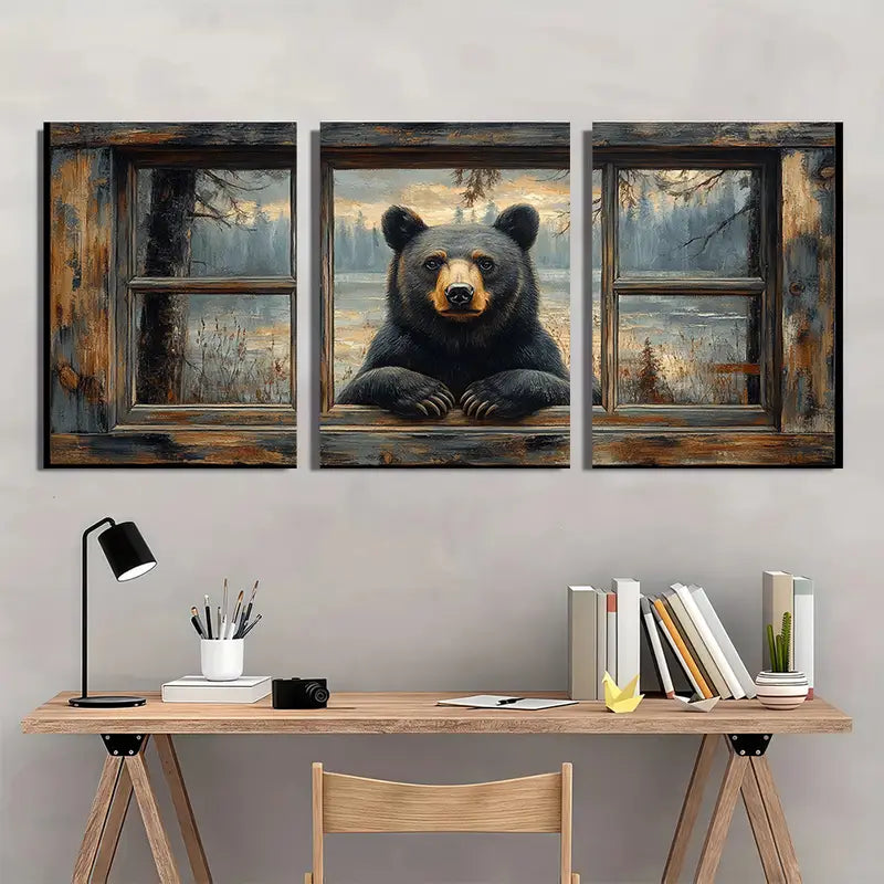 3pcs Brown & Golden Tone Bear Metal Print Ready to Hang Art - Bella Home Decor