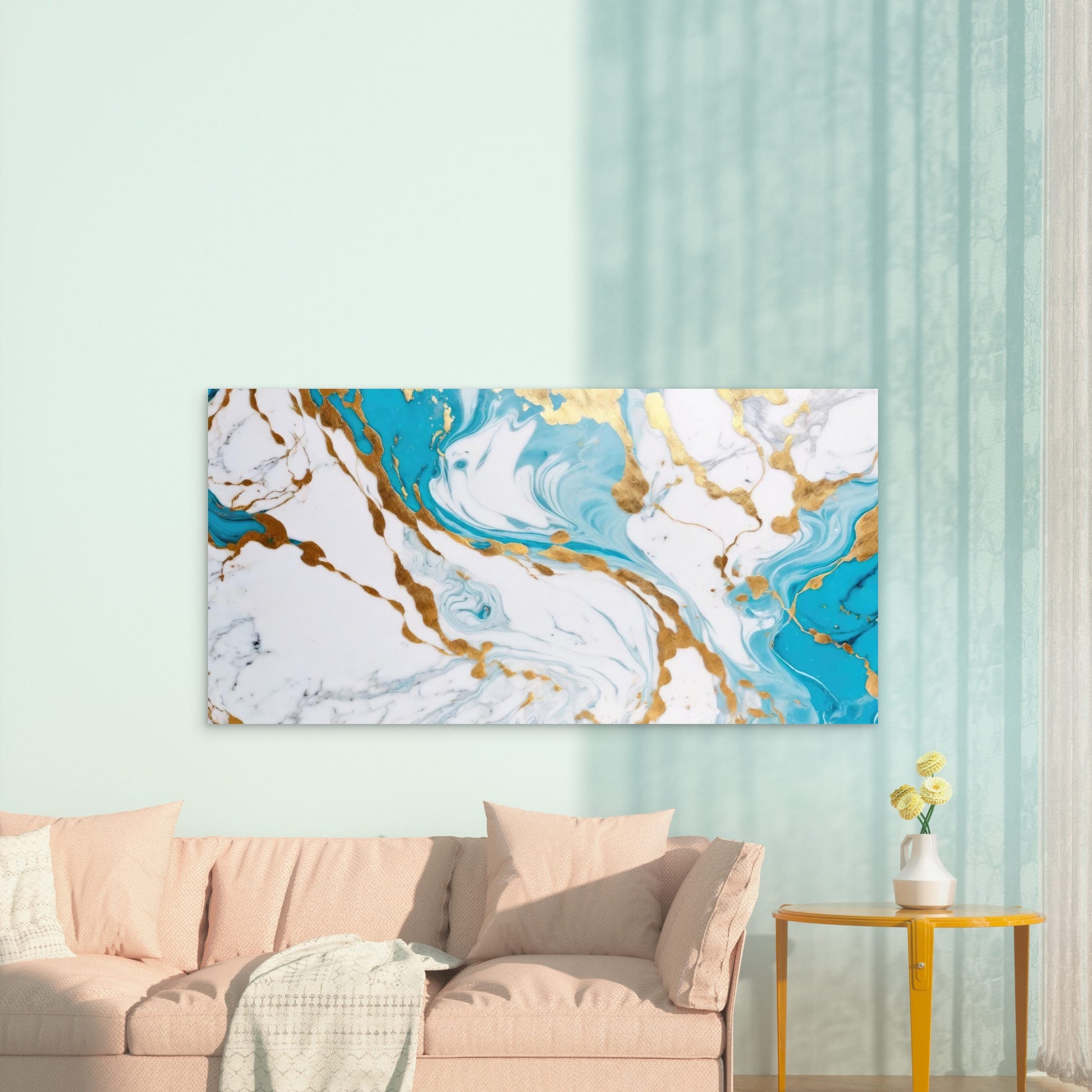 Azure Currents Golden Whispers Wall Art Canvas Office Home Room Framed 120x60cm - Bella Home Decor