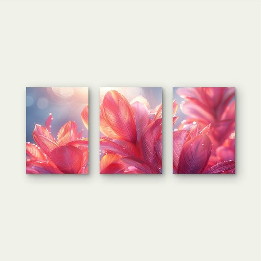 3pcs Vibrant Pink Soft Luxury Dewy Leaves Wall Art Set Canvas Framed 40x60cm - High Quality Print 100% Australian Made Wall Canvas Ready to Hang
