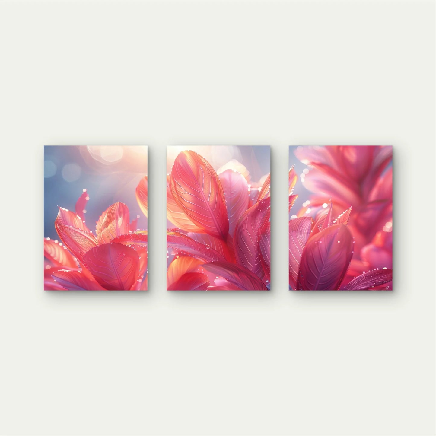 3pcs Vibrant Pink Soft Luxury Dewy Leaves Wall Art Set Canvas Framed 50x70cm - High Quality Print 100% Australian Made Wall Canvas Ready to Hang