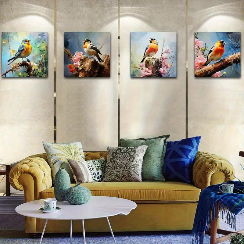 4pcs Colorful Birds On Tree Branch With Flowers Wall Art Canvas Framed