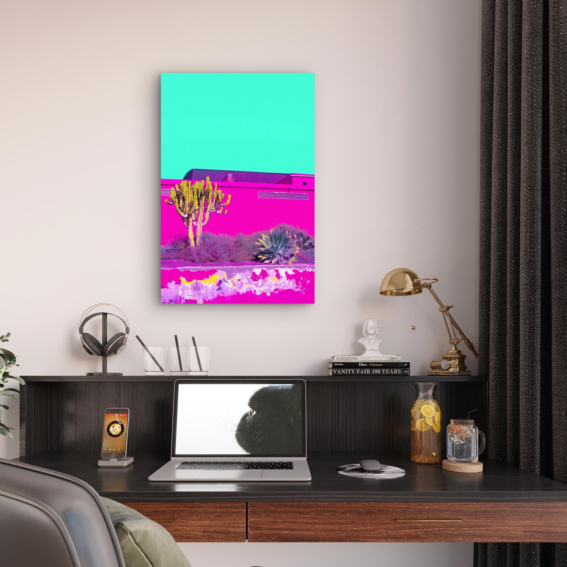 Cactus Pink Wall Blue Sky Minimalist Tropical 40x60cm Metal Print Ready to Hang