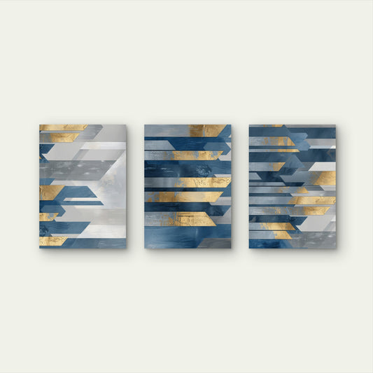 3pcs Modern Geometric Indigo Blue Gold Wall Art Set Canvas Framed 50x70cm - High Quality Print 100% Australian Made Wall Canvas Ready to Hang