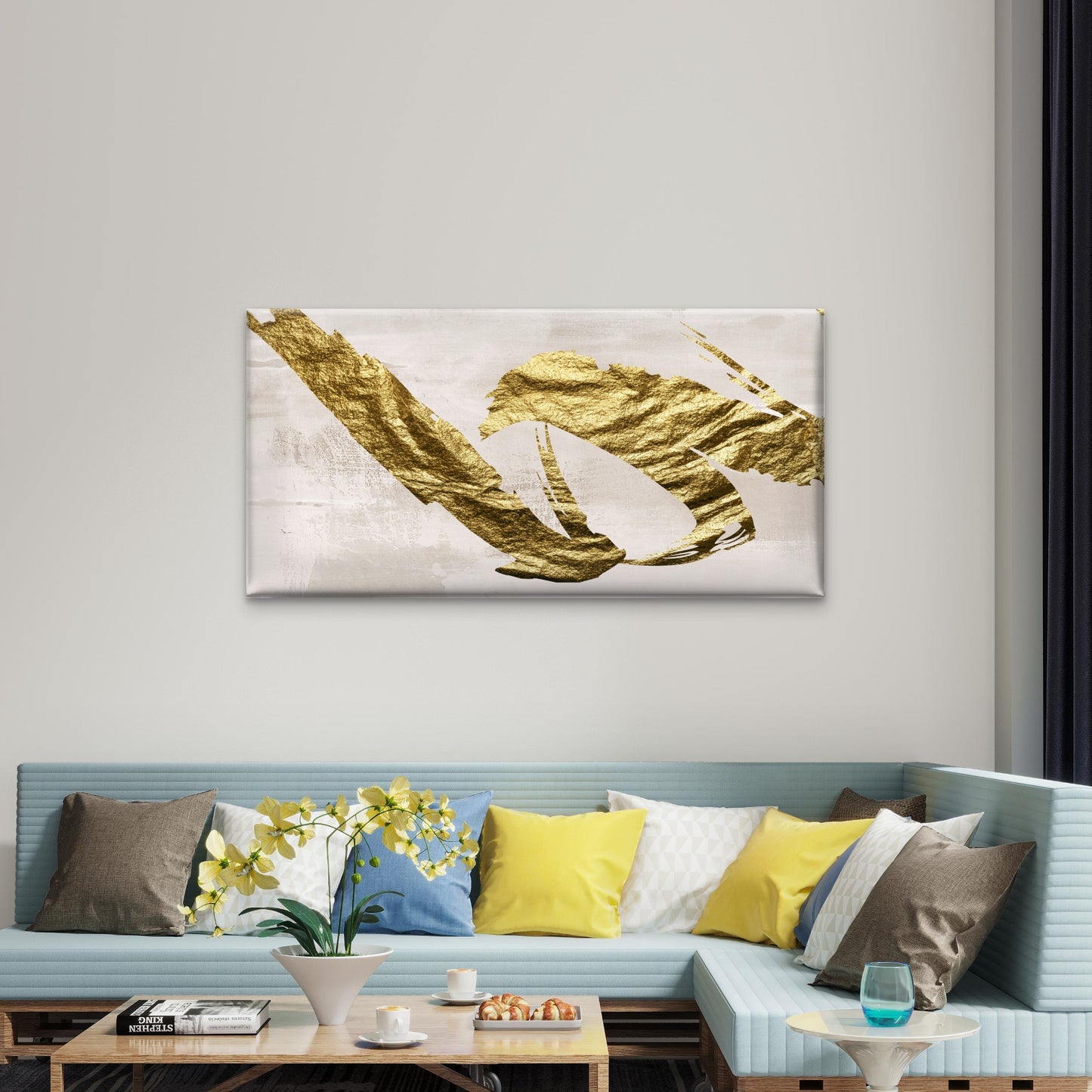 Abstract Gold Leaf Foil Brush Stroke Wall Art Canvas Office Home Framed 120x60cm