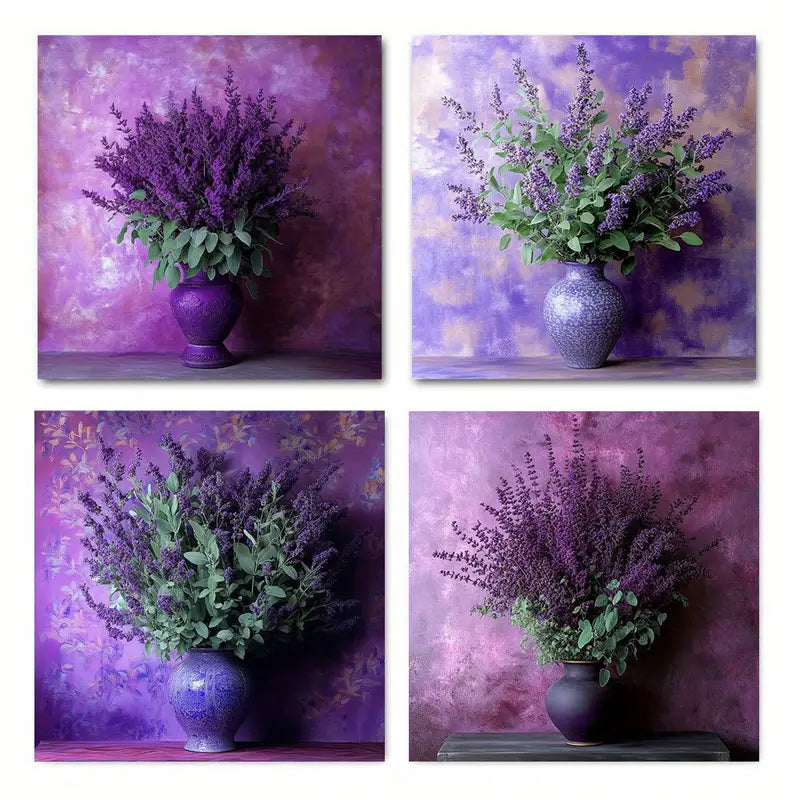 4pcs Bouquet Of Small Purple Flowers Wall Art Canvas Framed