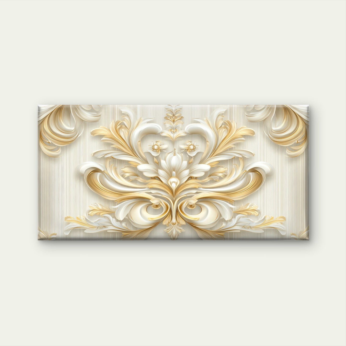 White Gold Baroque Damask Art Wall Art Canvas Office Home Room Framed 120x60cm