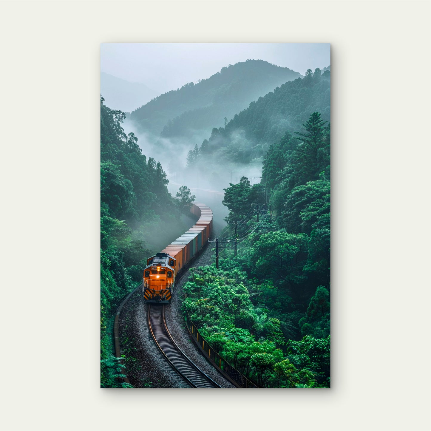 Cargo Train Passing Through Lush Mountains 60x90cm Metal Print Ready to Hang