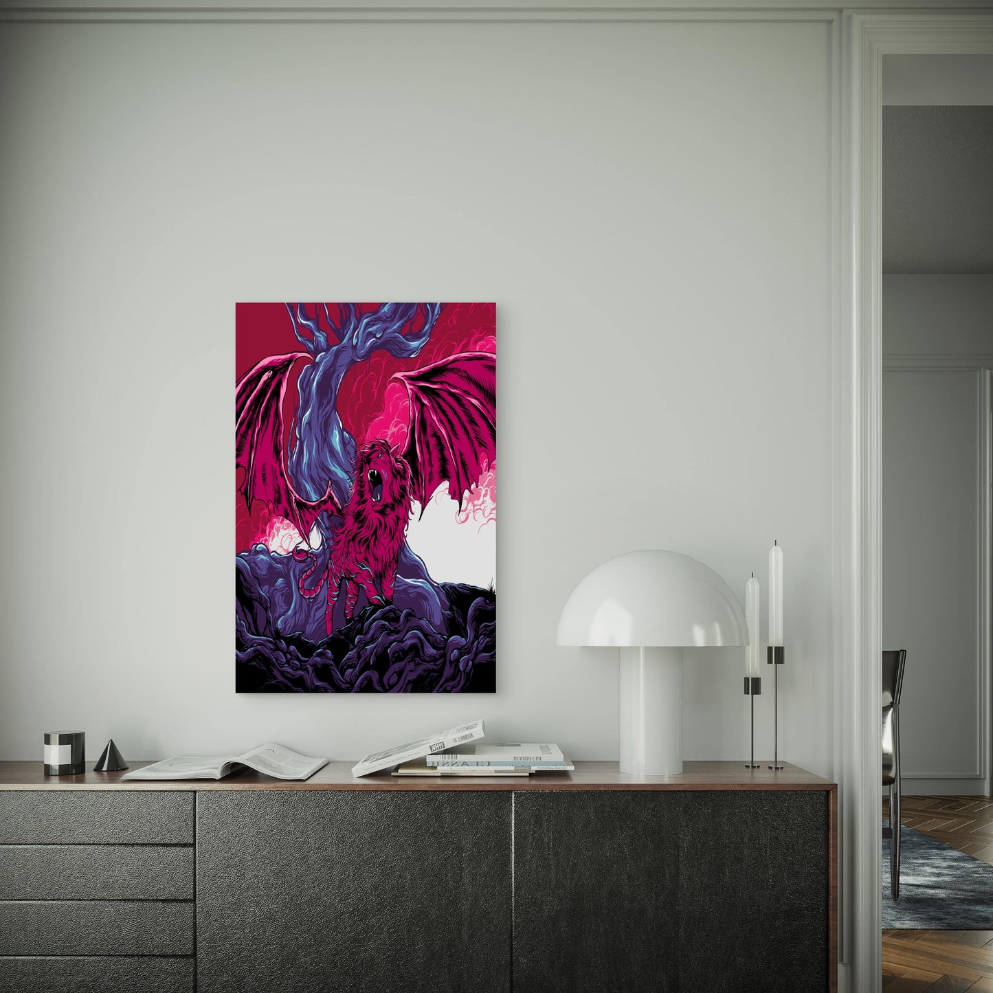 Pink Winged Lion 60x90cm Metal Print Ready to Hang