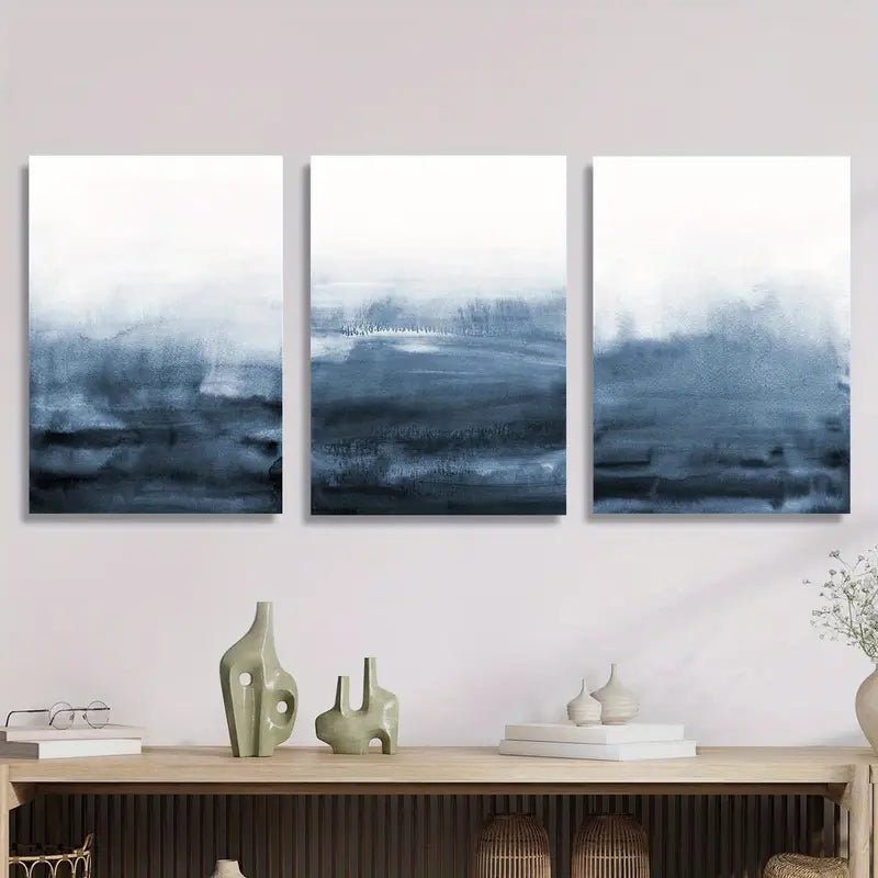 3pcs Abstract Navy Blue Watercolor Metal Print Ready to Hang Art - Bella Home Decor