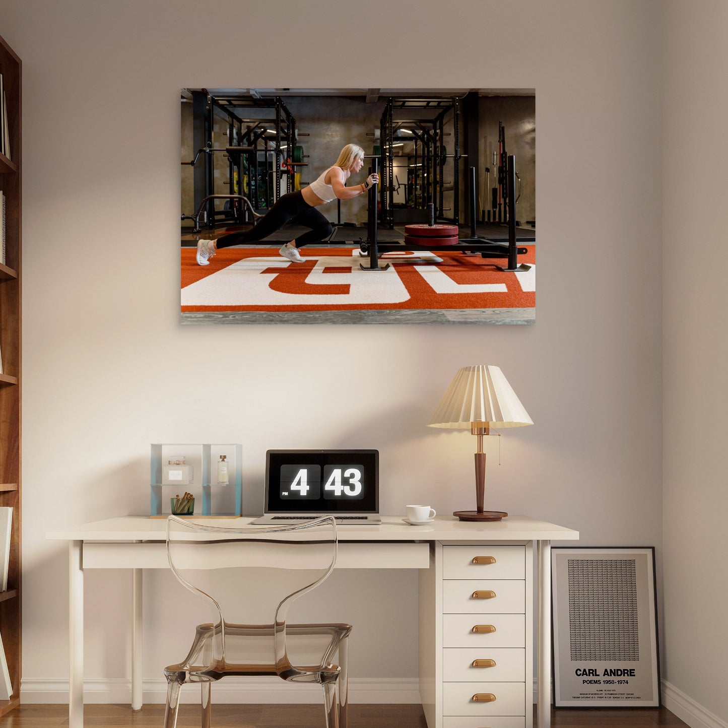 Fitness Woman Pushing Heavy Sled Gym Workout Track 5mm thick Plastic Poster Ready to Hang 90x60cm