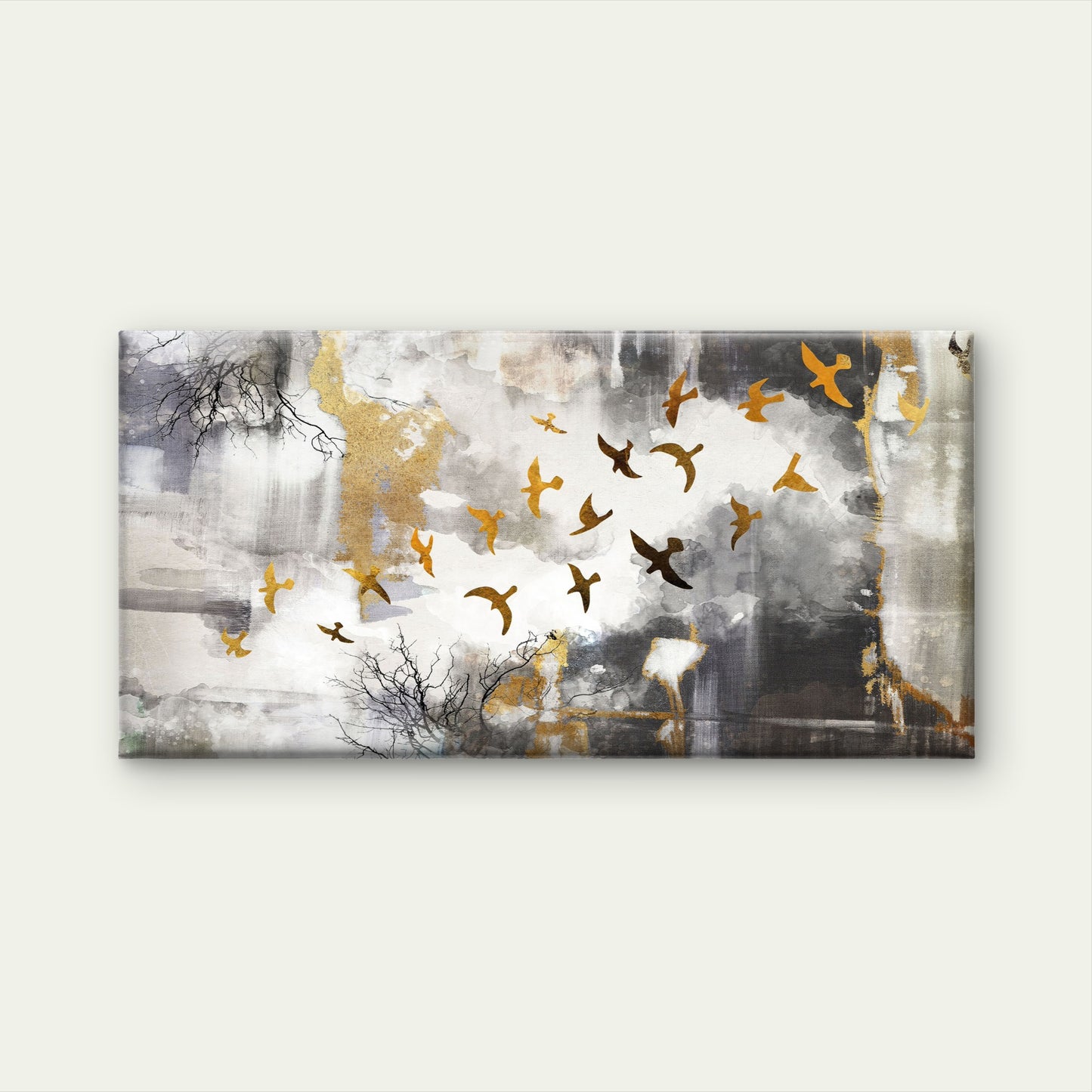 Abstract Gold Bird Flock Grey Tree Wall Art Canvas Office Home Framed 120x60cm