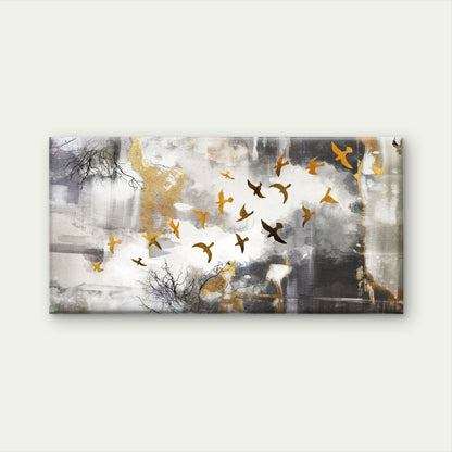 Abstract Gold Bird Flock Grey Tree Wall Art Canvas Office Home Framed 120x60cm