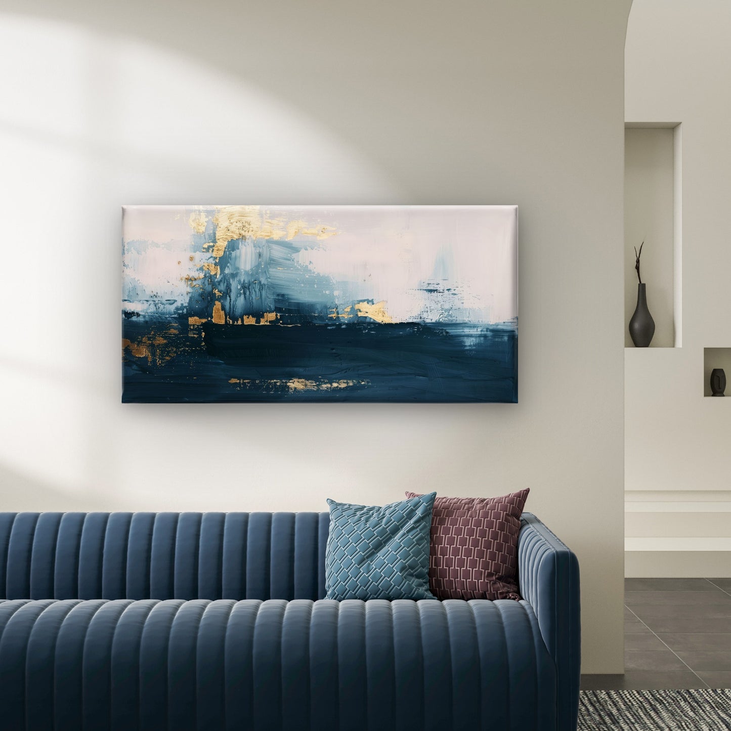 Navy Blue Gold Abstract Wall Art Canvas Office Home Room Framed 120x60cm